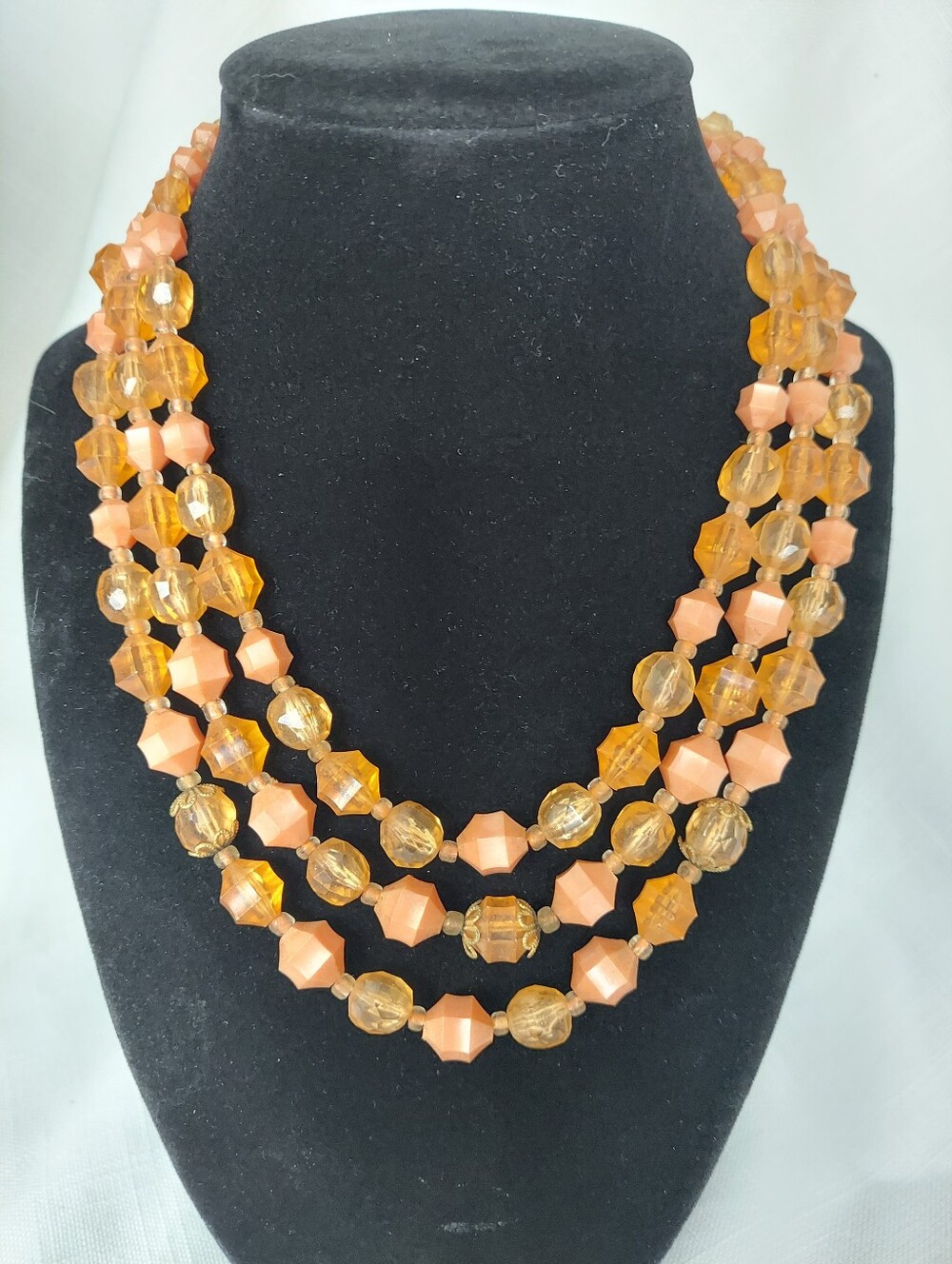 Vintage Three-Strand geometric Peach & translucent Amber/Orange Beaded Necklace
